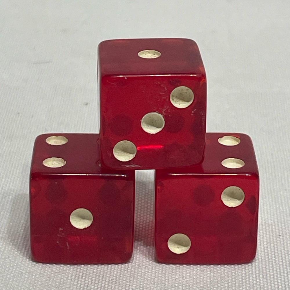Vintage Dice Candy Apple Red Set of 3 Transparent Old Set 1/2” Plastic White Dot